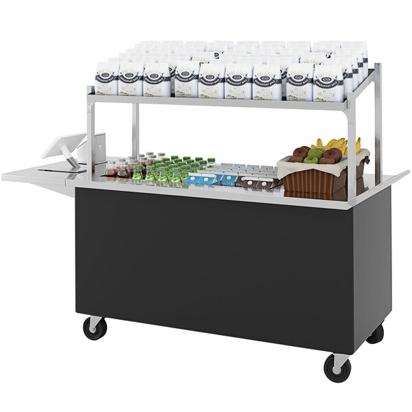 A black LTI Streamline food cart with a variety of food items on it.