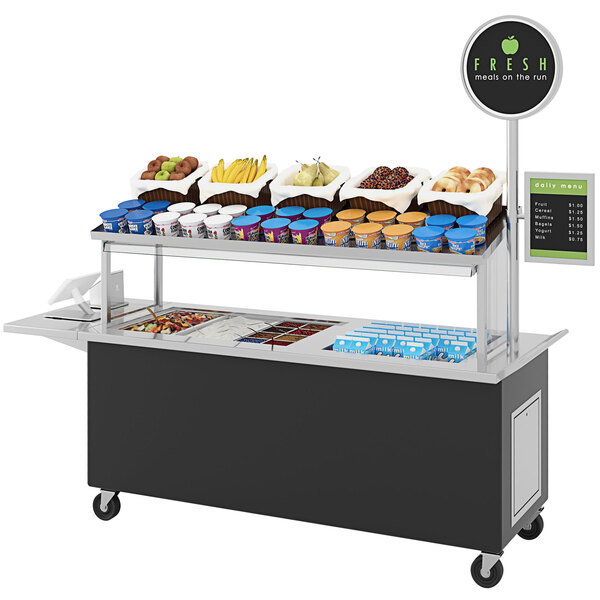 A black LTI food cart with various types of food on it.