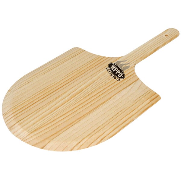 A WPPO wooden pizza peel with a handle.
