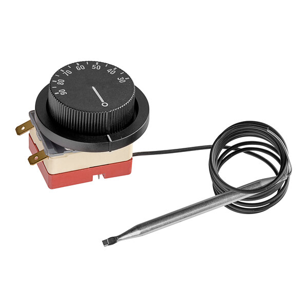 A black and red ServIt thermostat dial with a wire.