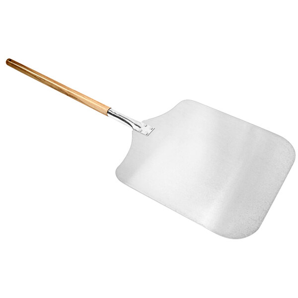 A WPPO aluminum pizza peel with a wooden handle.