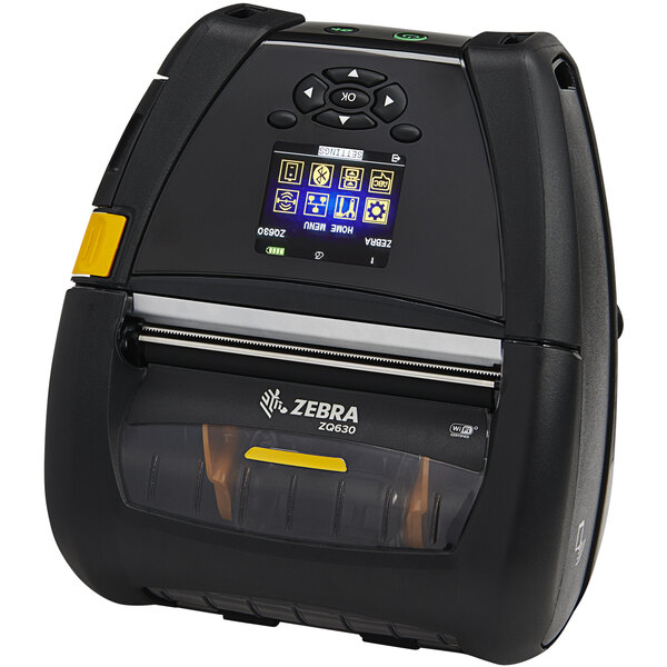 A black Zebra label printer with buttons and a screen.