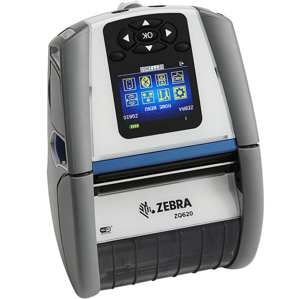 A Zebra label printer with a screen on it.