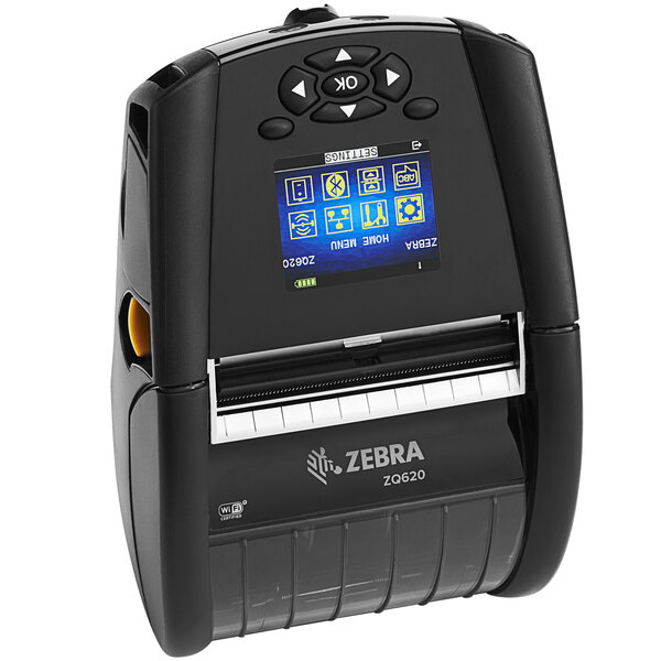 A black Zebra mobile label and receipt printer with a screen.
