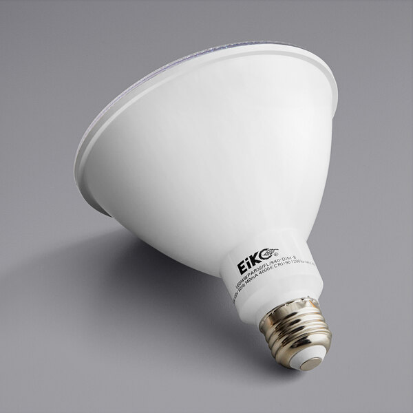 An Eiko 14 watt dimmable flood LED light bulb with black text on a white background.