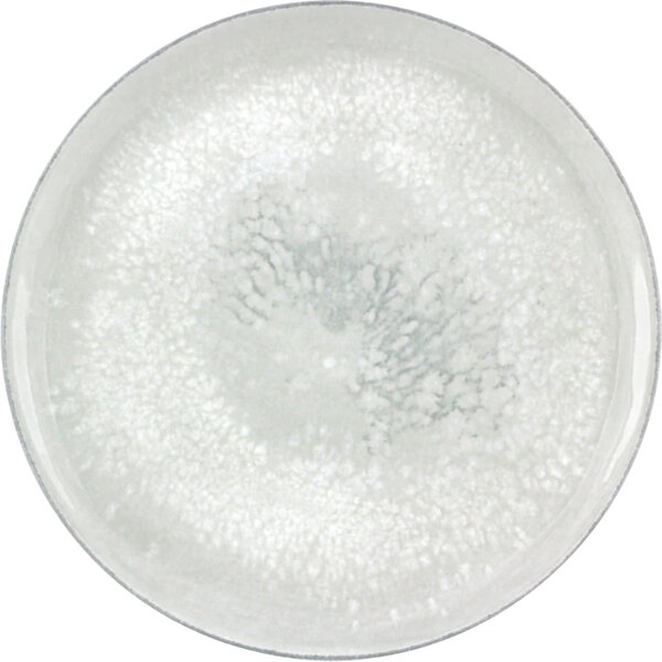 A white Bauscher porcelain coupe plate with a speckled white surface.