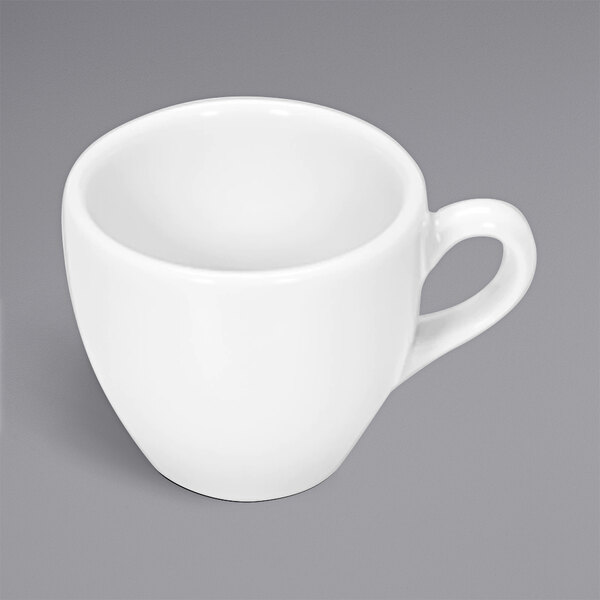 A Bauscher bright white porcelain coffee cup with a handle.