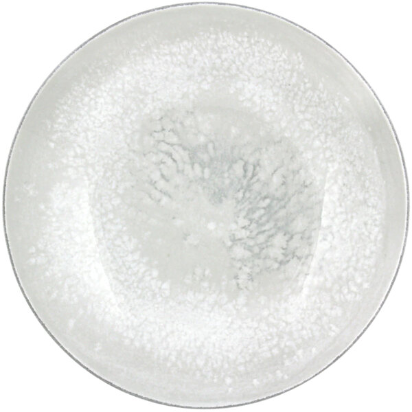 A white Bauscher porcelain coupe plate with a speckled surface.