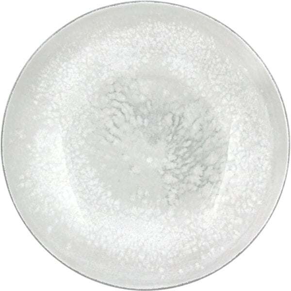 A white porcelain plate with a grey rim.