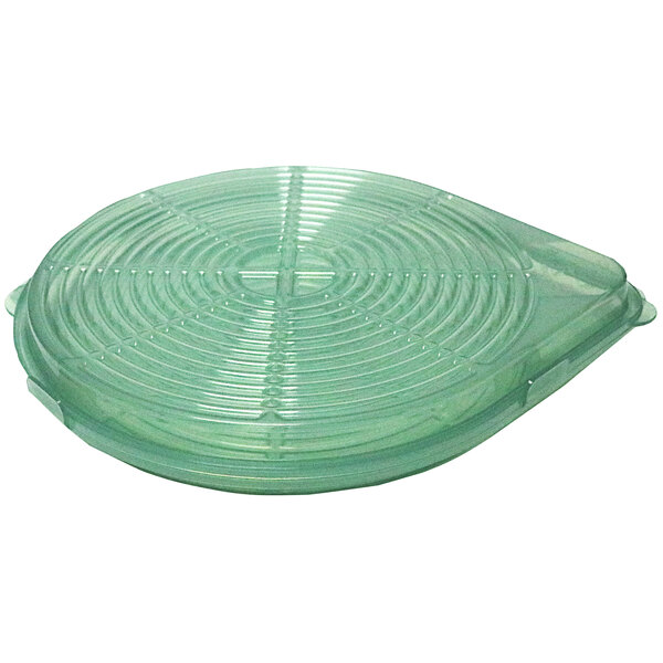 A jade green plastic lid with a circular design on a plastic container.
