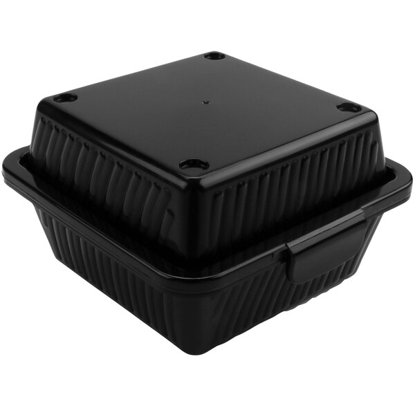 A black square GET Eco-Takeout container with a lid.