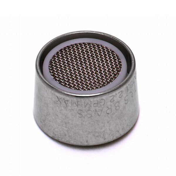 A close-up of a T&S non-aerated spray device filter with a round mesh pattern.