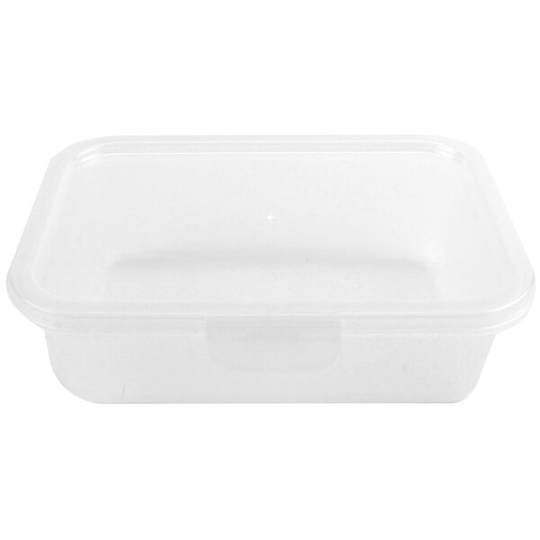 A clear plastic GET Eco-Takeouts container with a lid.