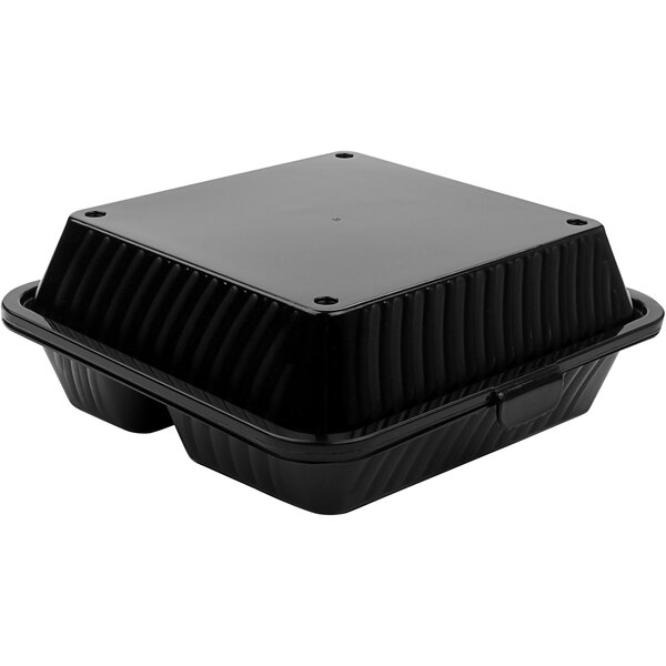 A black plastic GET Eco-Takeouts 3-compartment container with a lid.