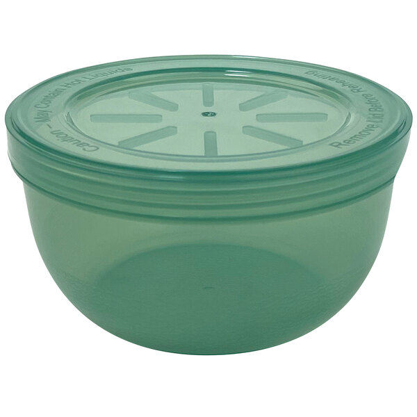 A jade green GET reusable soup container with a lid.