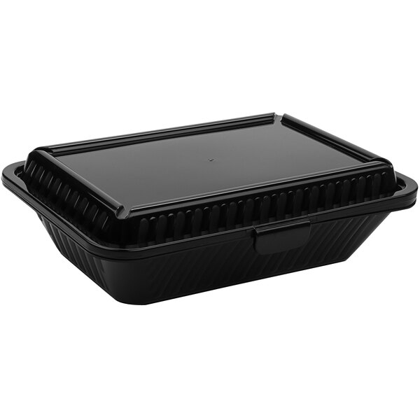 A black GET Eco-Takeouts reusable takeout container with a lid.
