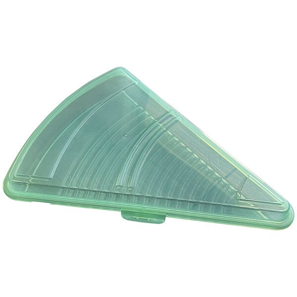 A jade green plastic triangle shaped container with a lid.