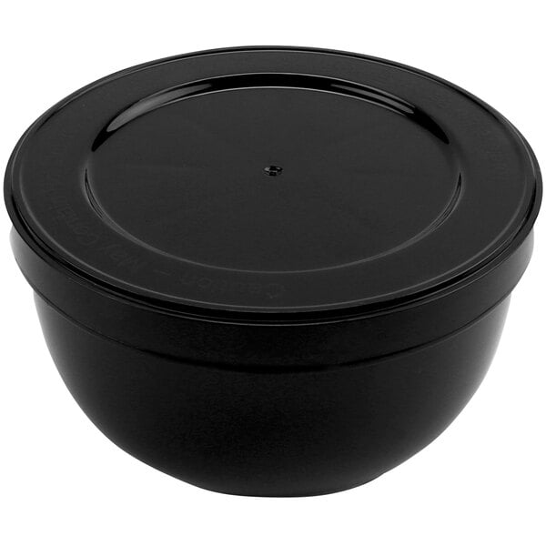 A black plastic container with a lid.