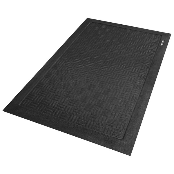 A black rectangular M+A Matting anti-fatigue mat with a geometric pattern.
