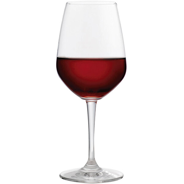 An Anchor Hocking Florentine II wine glass filled with red wine.