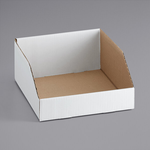 A white cardboard open top bin from Lavex.