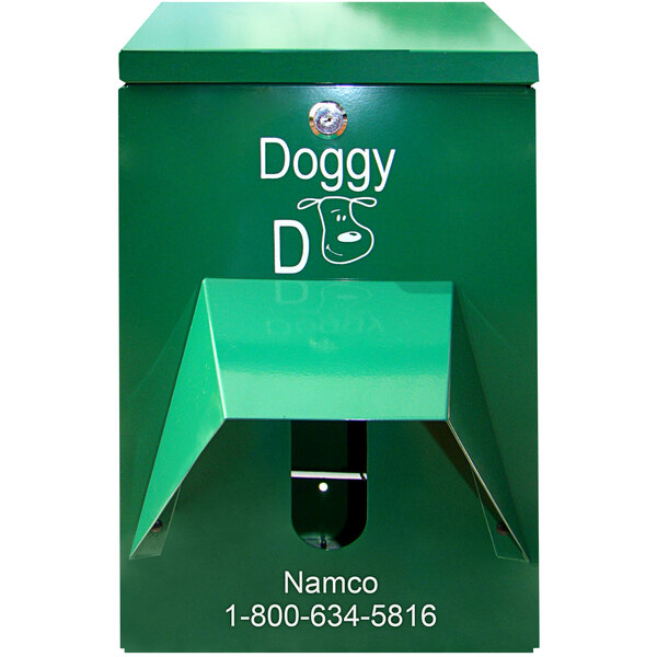 A green metal rectangular Namco Doggy Do pet waste bag dispenser with white text.