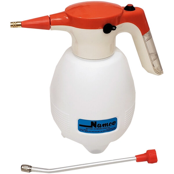 A white and orange Namco battery-operated pump-up sprayer with nozzle.