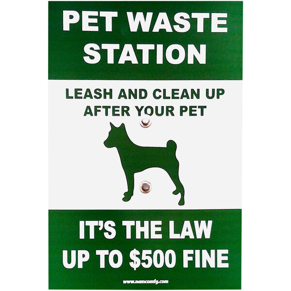 A white sign with a green dog silhouette and the words "Pet Waste Station" above a dog silhouette.