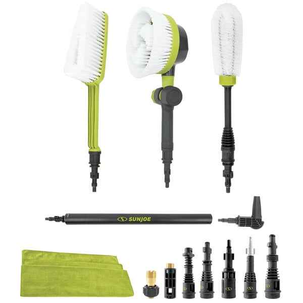 A green Sun Joe auto cleaning kit with brushes and cleaning tools.