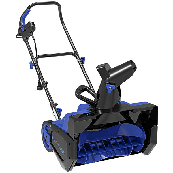 A Snow Joe corded electric single-stage snow blower with a blue handle and black wheels.