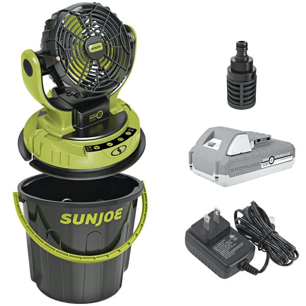 A green and black Sun Joe cordless misting fan with a bucket, battery, and charger.