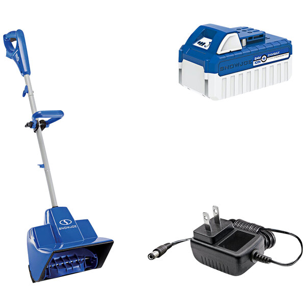 A Snow Joe cordless snow shovel with battery and charger.