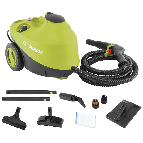 A green and black Sun Joe steam cleaner with accessories.