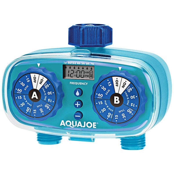 A blue circular Aqua Joe electronic water timer with white text.