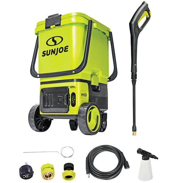 A yellow and black Sun Joe cordless pressure washer with hoses and tools.