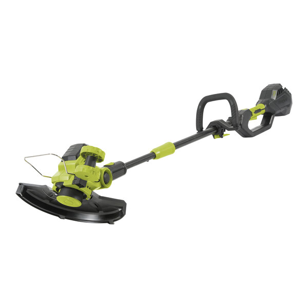 A green and black Sun Joe cordless string trimmer with battery and charger.