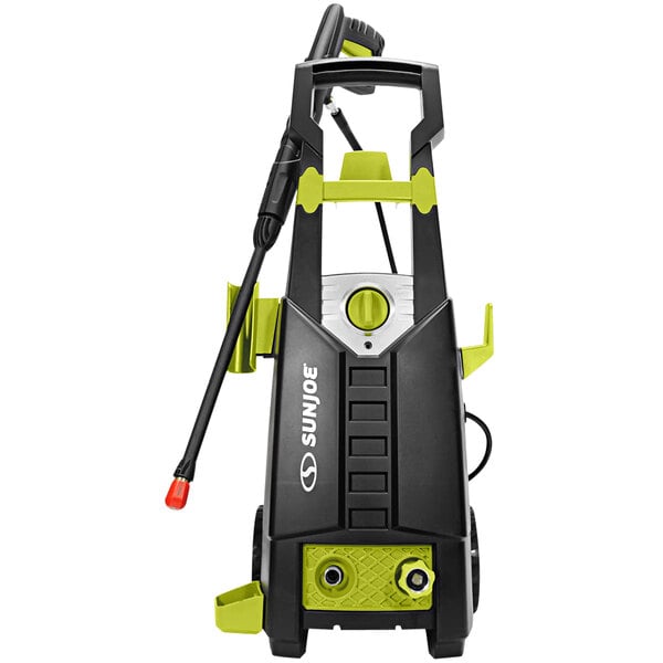 A Sun Joe pressure washer with a black and green handle.