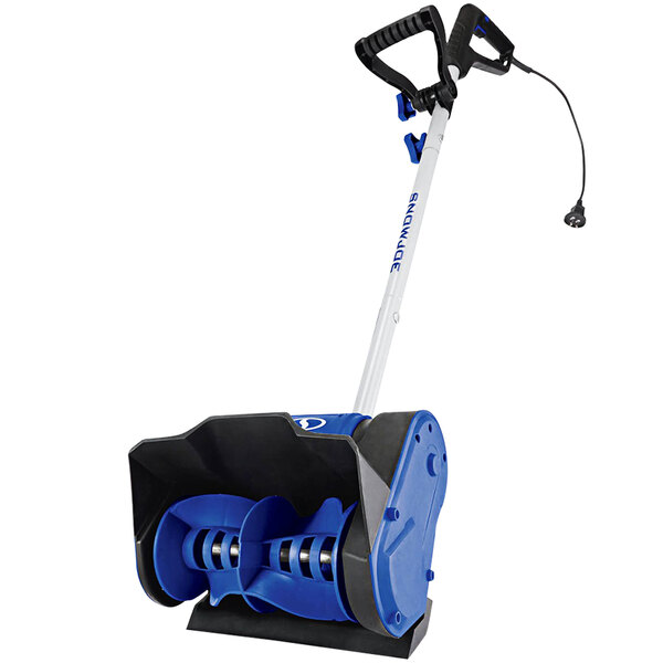 A Snow Joe corded electric snow shovel with a blue and black handle.