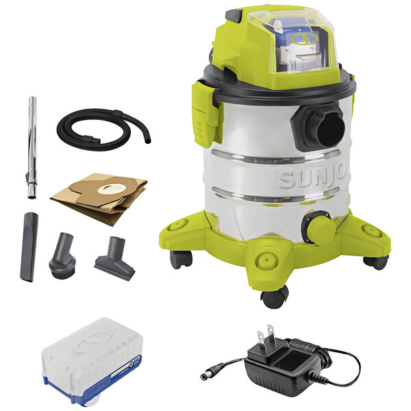 A Sun Joe stainless steel wet/dry vacuum cleaner with a black and green charger and battery pack.