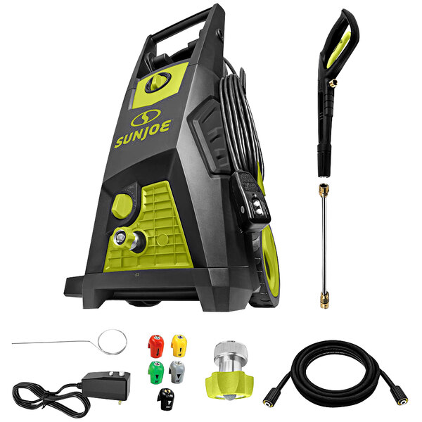 A black and green Sun Joe electric pressure washer with a hose and tools.