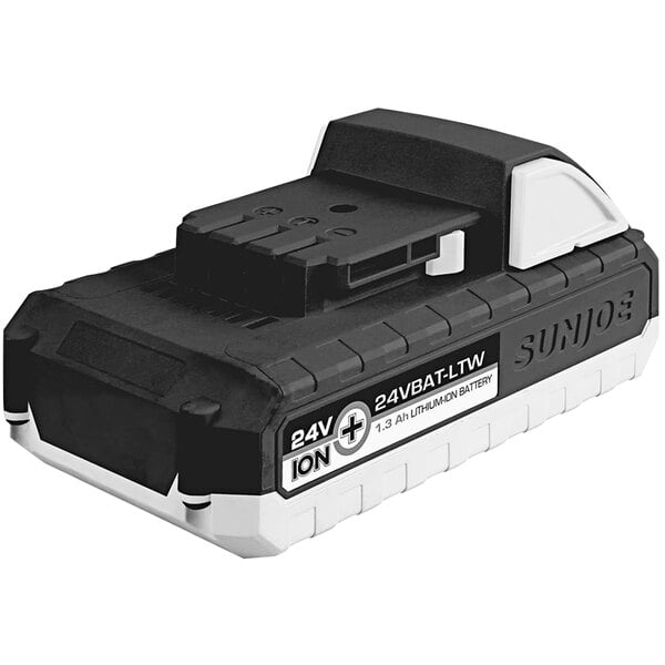 A black and white 24V lithium-ion battery with a Snow Joe / Sun Joe logo.