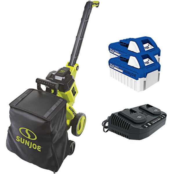 A Sun Joe yellow and black outdoor garden vacuum and mulcher with two batteries and a black bag.