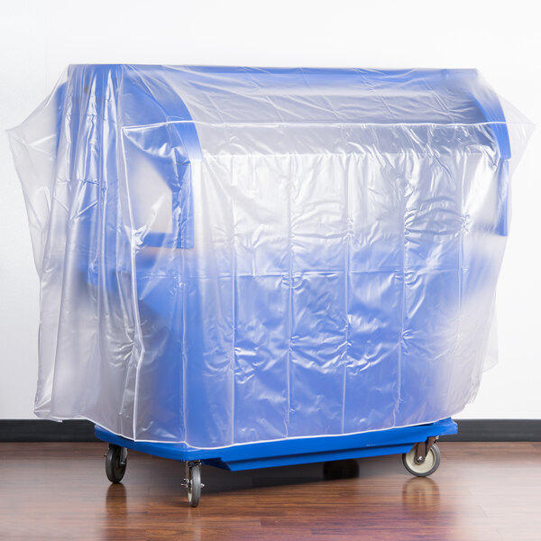 A blue plastic covered cart with wheels.
