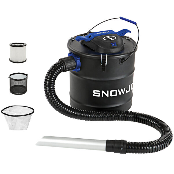 A black and blue Snow Joe corded electric ash vacuum with a white and black filter.
