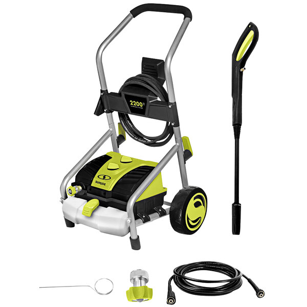 A black and yellow Sun Joe corded electric pressure washer with hose and tools.