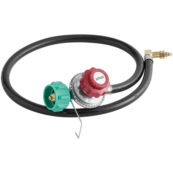 A black Backyard Pro gas connector hose with a red and green regulator.