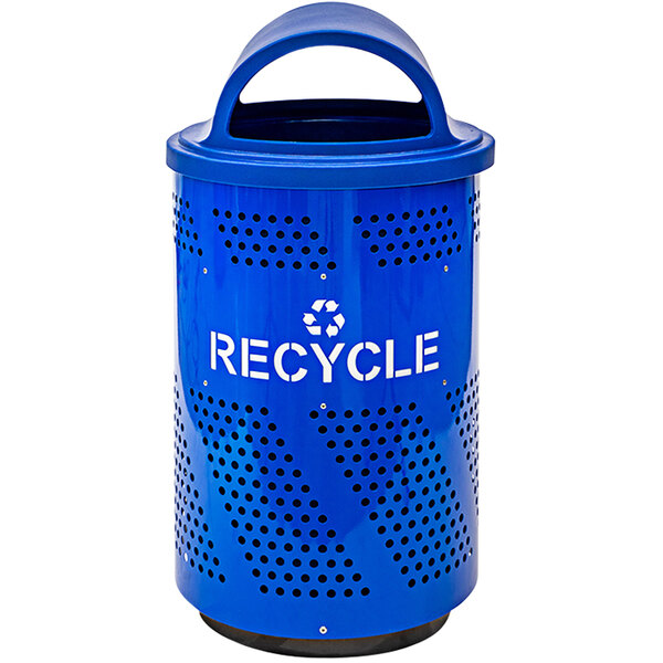 An Ex-Cell Kaiser blue steel recycling bin with white text and a lid.