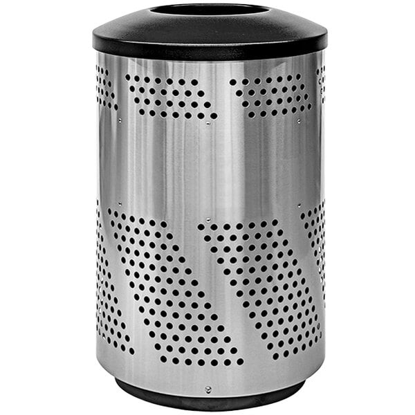A silver stainless steel Ex-Cell Kaiser outdoor trash receptacle with a dome top and holes.