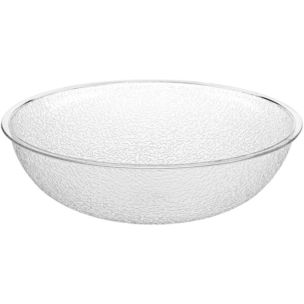 A clear bowl with a textured surface and a white rim.