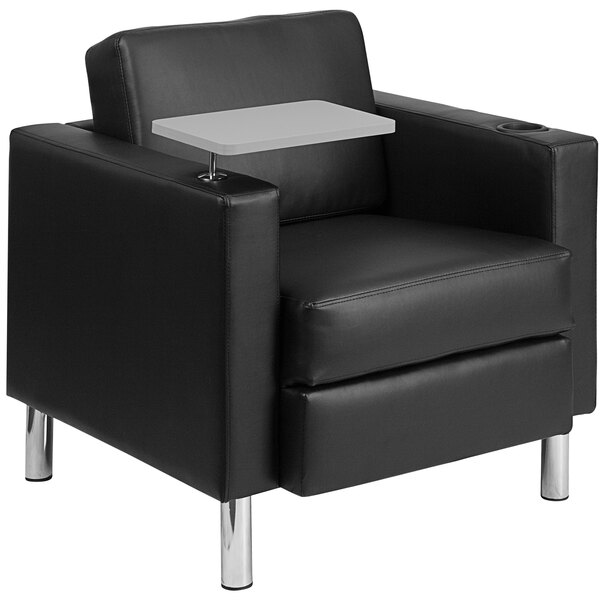 A Flash Furniture black LeatherSoft guest chair with a tablet arm and cup holder on tall chrome legs.